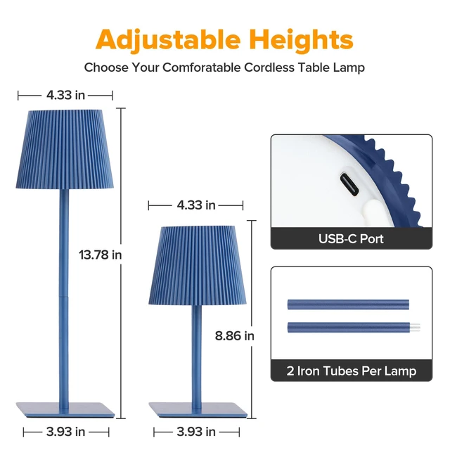 Alt view image 4 of 7 - 4 Pack Cordless Table Lamp,6000mAh Rechargeable Battery Operated Desk Lamp,Two Adjustable Heights,Waterproof, Touch Control & 3 Color Stepless Dimming for Restaurant/Bedroom/Bars/Outdoor (Blue)