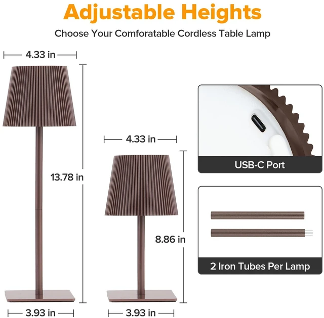 Alt view image 4 of 7 - 4 Pack Cordless Table Lamp,6000mAh Rechargeable Battery Operated Desk Lamp,Two Adjustable Heights,Waterproof, Touch Control & 3 Color Stepless Dimming for Restaurant/Bedroom/Bars/Outdoor (Brown)