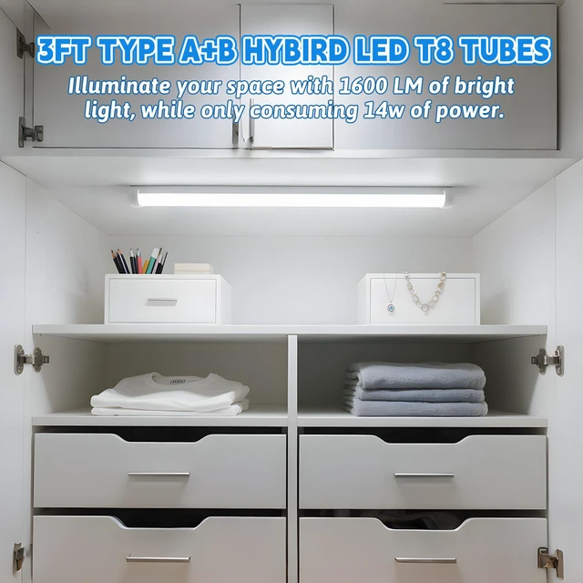 Alt view image 5 of 7 - 3FT LED Tube Light, Type A+B, 5000K Daylight, 12 Pack 14W(30W Equiv.), 1600LM, F25T8/F30T12 LED Replacement, Double-Ended Power, Clear Cover, ETL Listed