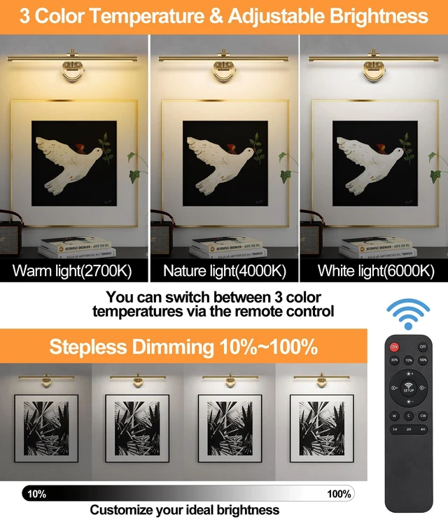 Alt view image 2 of 7 - Picture Light for Wall, Dimmable Battery Operated Art Light, Picture Frame Light with Remote & Timer, Cordless Wall Sconce with 3 Colors Temperature for Pantings, Photo Gallery(Brass, 23.6inch)