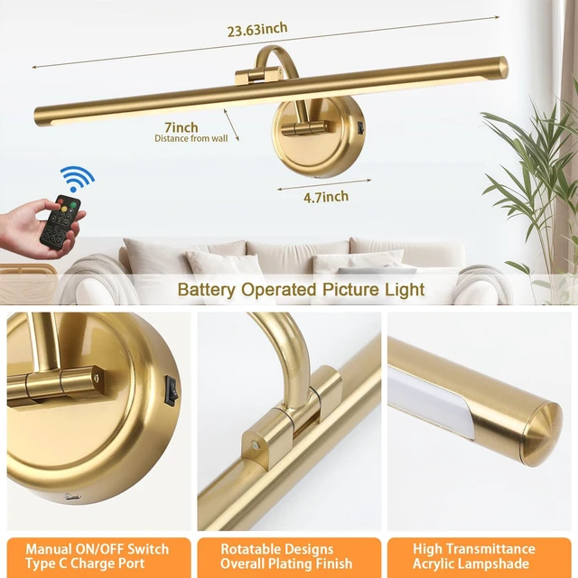 Alt view image 3 of 7 - Picture Light for Wall, Dimmable Battery Operated Art Light, Picture Frame Light with Remote & Timer, Cordless Wall Sconce with 3 Colors Temperature for Pantings, Photo Gallery(Brass, 23.6inch)