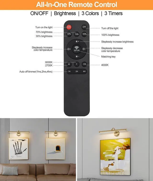Alt view image 6 of 7 - Picture Light for Wall, Dimmable Battery Operated Art Light, Picture Frame Light with Remote & Timer, Cordless Wall Sconce with 3 Colors Temperature for Pantings, Photo Gallery(Brass, 23.6inch)