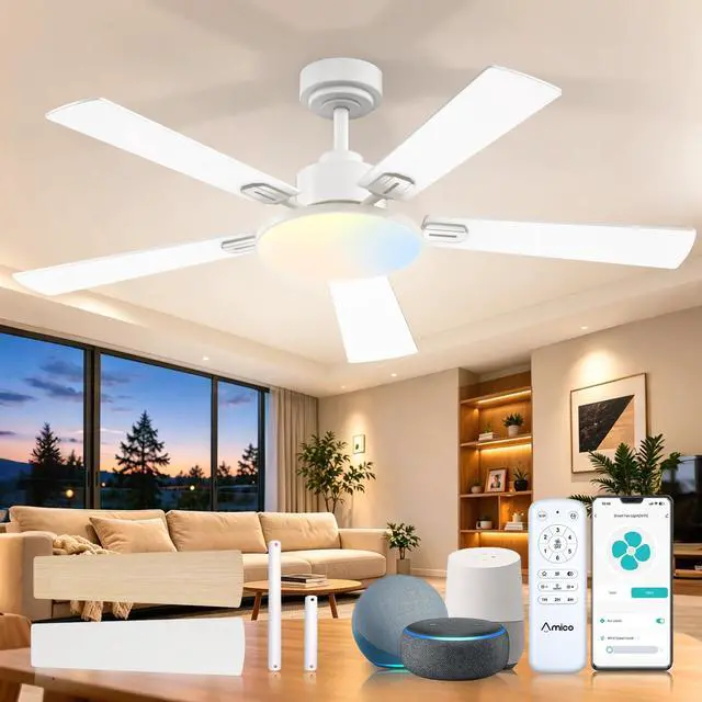 Main image of 52 Inch Smart Ceiling Fans with Lights, Downrod Mount, White Compatible with Alexa/Remote/App, Sloped, 6 Speeds, Dimmable 3CCT, Quiet Reversible DC Motor, Timer, Bedroom