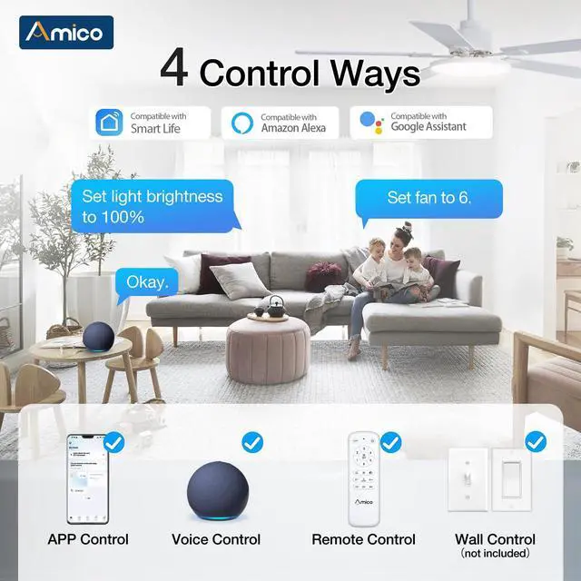 Alt view image 2 of 7 - 52 Inch Smart Ceiling Fans with Lights, Downrod Mount, White Compatible with Alexa/Remote/App, Sloped, 6 Speeds, Dimmable 3CCT, Quiet Reversible DC Motor, Timer, Bedroom