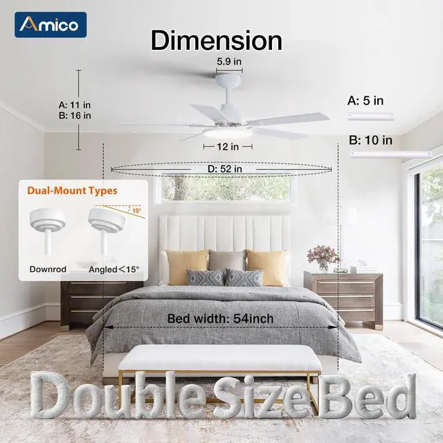 Alt view image 4 of 7 - 52 Inch Smart Ceiling Fans with Lights, Downrod Mount, White Compatible with Alexa/Remote/App, Sloped, 6 Speeds, Dimmable 3CCT, Quiet Reversible DC Motor, Timer, Bedroom