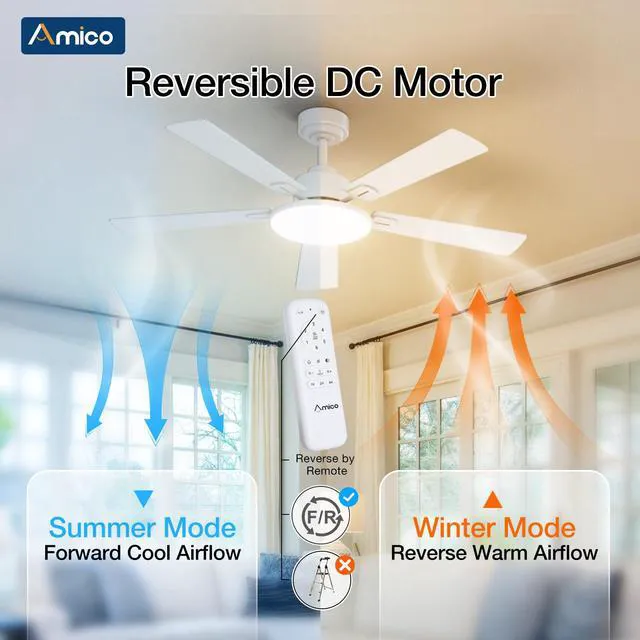 Alt view image 7 of 7 - 52 Inch Smart Ceiling Fans with Lights, Downrod Mount, White Compatible with Alexa/Remote/App, Sloped, 6 Speeds, Dimmable 3CCT, Quiet Reversible DC Motor, Timer, Bedroom