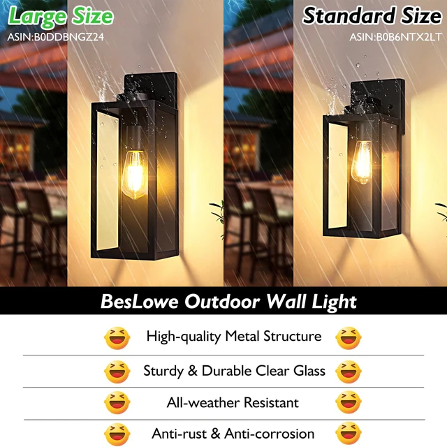 Alt view image 3 of 7 - 15 Large Outdoor Wall Light Fixture, Exterior Porch Sconce, Black Waterproof, Rust-Resistant, Durable Metal with Clear Glass, Standard E26 Socket, Easy to Install