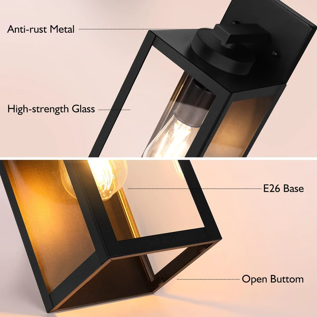 Alt view image 4 of 7 - 15 Large Outdoor Wall Light Fixture, Exterior Porch Sconce, Black Waterproof, Rust-Resistant, Durable Metal with Clear Glass, Standard E26 Socket, Easy to Install
