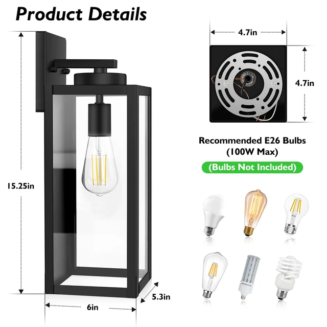 Alt view image 6 of 7 - 15 Large Outdoor Wall Light Fixture, Exterior Porch Sconce, Black Waterproof, Rust-Resistant, Durable Metal with Clear Glass, Standard E26 Socket, Easy to Install