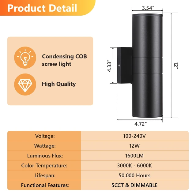 Alt view image 7 of 7 - 5CCT Dimmable Wall Lights Outdoor 2 Packs, 3000K 5000K 6000K Integrated LED Cylinder Up Down Modern Aluminum Light, Waterproof Exterior Light for Porch Patio Door
