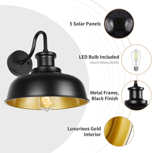Alt view image 3 of 7 - Solar Barn Light for Outside, Outdoor Wall Lights Solar Powered, Farmhouse Exterior Wall Sconce, Industrial Outside Lighting Fixture, Rustic Lantern Works with Gooseneck Barn Shed Garage Patio