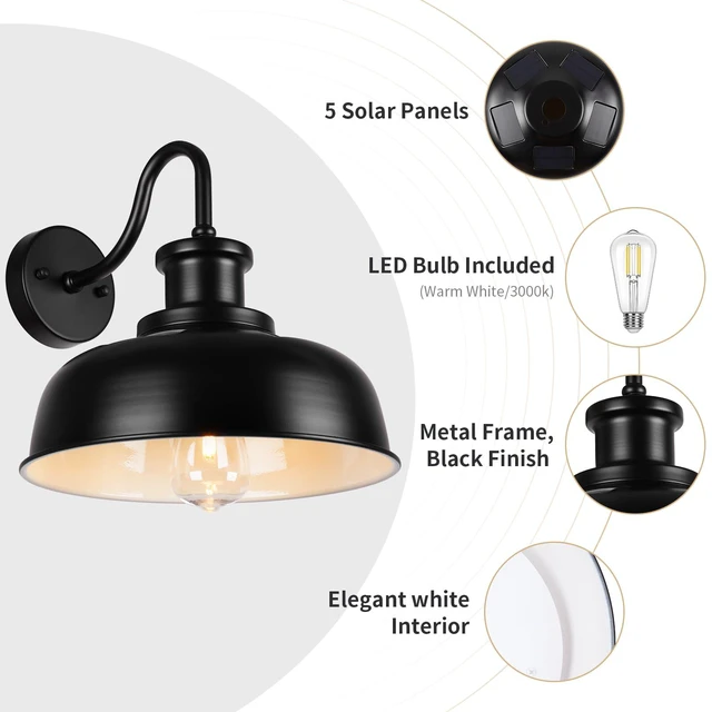 Alt view image 3 of 7 - Solar Barn Light for Outside, Dusk to Dawn Outdoor Wall Lights Solar Powered, Farmhouse Exterior Wall Sconce, Industrial Outside Lighting Fixture, Rustic Lantern for Garage, Barn, Shed