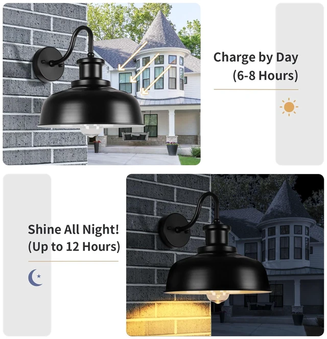 Alt view image 4 of 7 - Solar Barn Light for Outside, Dusk to Dawn Outdoor Wall Lights Solar Powered, Farmhouse Exterior Wall Sconce, Industrial Outside Lighting Fixture, Rustic Lantern for Garage, Barn, Shed