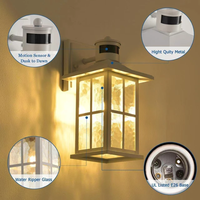Alt view image 3 of 6 - 2 Pack Motion Sensor Porch Lights White Dusk to Dawn Outdoor Wall Lantern Exterior Sconce Lighting Fixtures Waterproof Outside Garage Lamp Wall Mount for House Patio Front Door