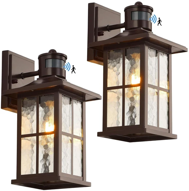 Main image of 2 Pack Motion Sensor Outdoor Wall Lights Dusk to Dawn Exterior Porch Lantern Brown Outside Sconce Lighting Fixtures Rustic Farmhouse Wall Mount Carriage Lamp for House Garage Patio