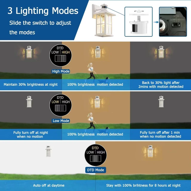 Alt view image 4 of 6 - 2 Pack Motion Sensor Porch Lights White Dusk to Dawn Outdoor Wall Lantern Exterior Sconce Lighting Fixtures Waterproof Outside Garage Lamp Wall Mount for House Patio Front Door