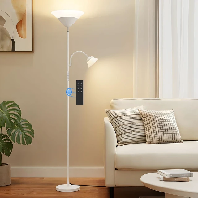 Main image of 2-in-1 Torchiere Floor Lamp, 34W Super Bright LED Standing Lamp with Remote & Touch Control, 72" Dimmable Adjustable Corner Reading Lamp for Living Room, Bedroom, Office, White
