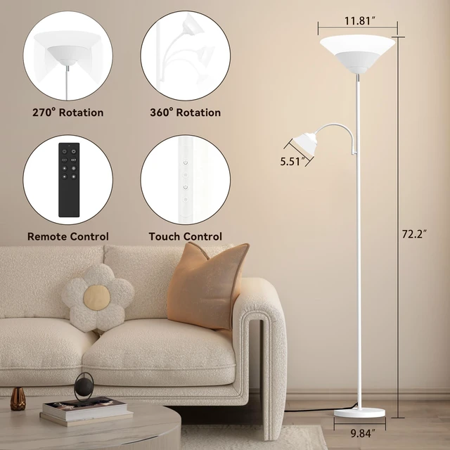 Alt view image 2 of 7 - 2-in-1 Torchiere Floor Lamp, 34W Super Bright LED Standing Lamp with Remote & Touch Control, 72" Dimmable Adjustable Corner Reading Lamp for Living Room, Bedroom, Office, White