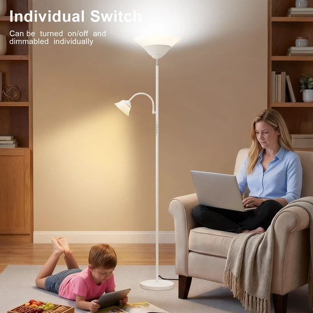 Alt view image 3 of 7 - 2-in-1 Torchiere Floor Lamp, 34W Super Bright LED Standing Lamp with Remote & Touch Control, 72" Dimmable Adjustable Corner Reading Lamp for Living Room, Bedroom, Office, White