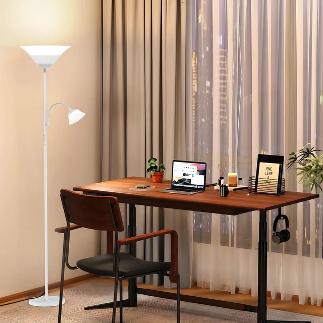 Alt view image 7 of 7 - 2-in-1 Torchiere Floor Lamp, 34W Super Bright LED Standing Lamp with Remote & Touch Control, 72" Dimmable Adjustable Corner Reading Lamp for Living Room, Bedroom, Office, White