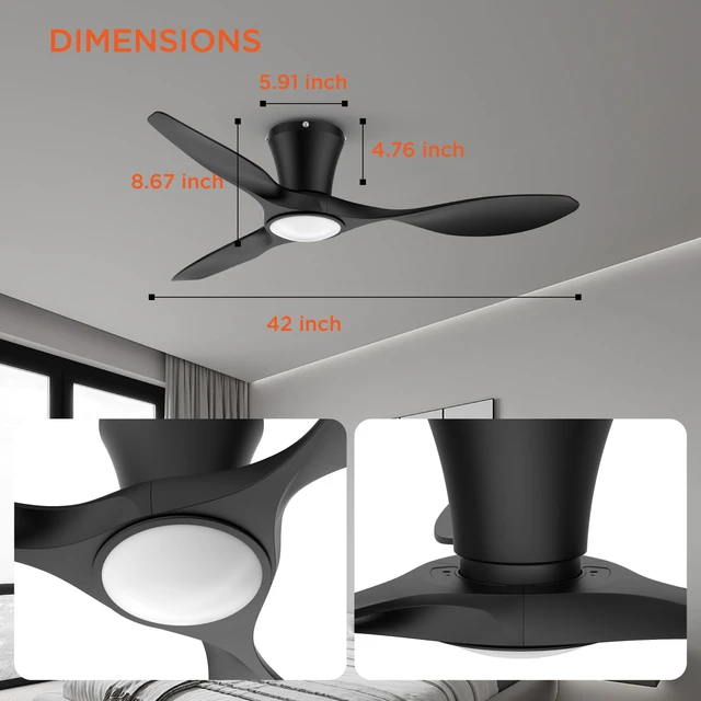 Alt view image 3 of 7 - Ceiling Fans with Lights,42 inch Modern Low Profile Ceiling Fan with Light and Remote Control, Flush Mount, 3CCT, Black Ceiling Fan for Bedroom Living Room and Patio
