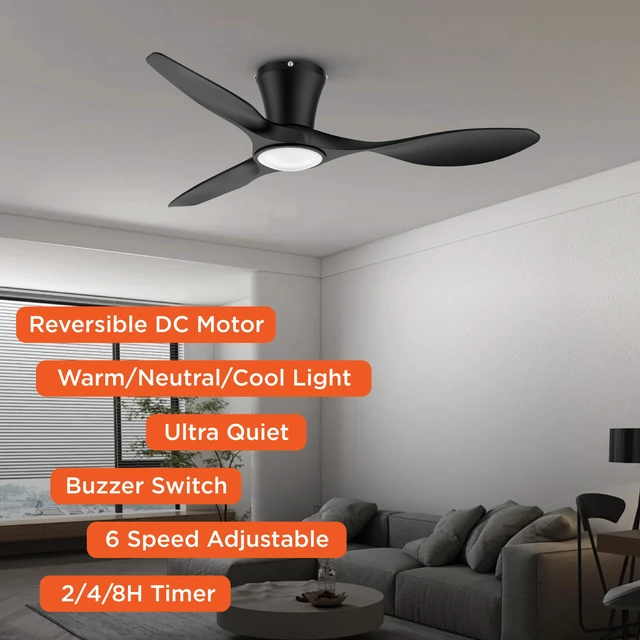 Alt view image 4 of 7 - Ceiling Fans with Lights,42 inch Modern Low Profile Ceiling Fan with Light and Remote Control, Flush Mount, 3CCT, Black Ceiling Fan for Bedroom Living Room and Patio