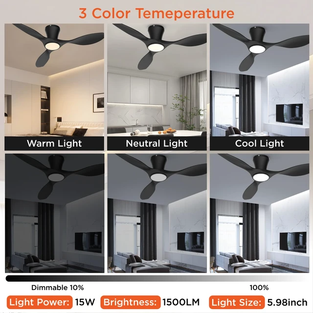 Alt view image 6 of 7 - Ceiling Fans with Lights,42 inch Modern Low Profile Ceiling Fan with Light and Remote Control, Flush Mount, 3CCT, Black Ceiling Fan for Bedroom Living Room and Patio
