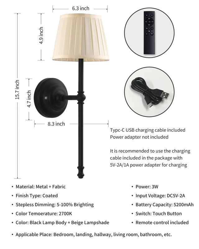 Alt view image 5 of 7 - Black Cordless Wall Sconces Set of 2, Beige Fabric LED Wall Lamps Wireless Small Rechargeable Battery, Portable Lighting for Wall Painting, Living Room, Bedroom, Hallway, Gifts, Night Light