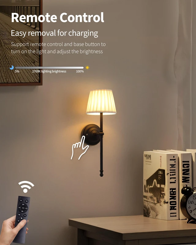 Alt view image 6 of 7 - Black Cordless Wall Sconces Set of 2, Beige Fabric LED Wall Lamps Wireless Small Rechargeable Battery, Portable Lighting for Wall Painting, Living Room, Bedroom, Hallway, Gifts, Night Light