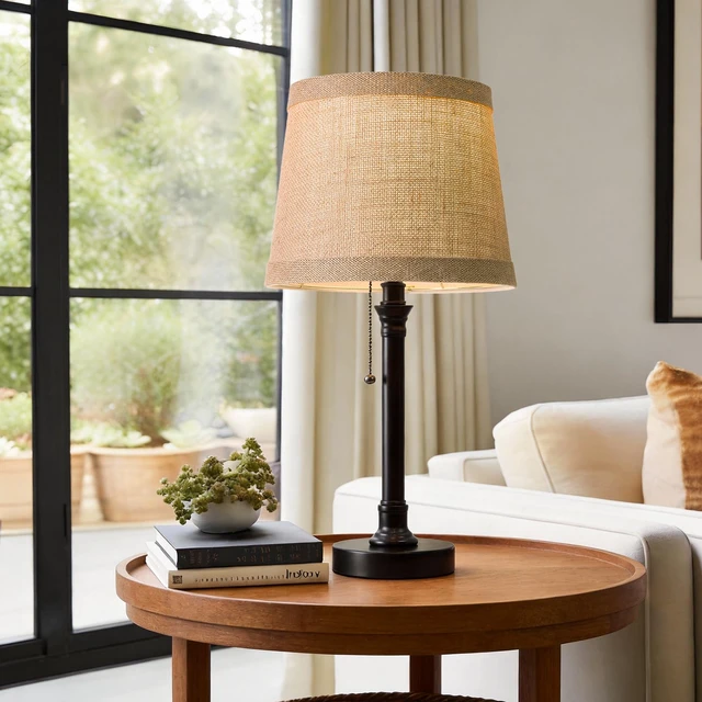 Alt view image 2 of 7 - 19.5" Black Rustic Table Lamps Set of 2 for Living Room Bedroom Pull Chain Switch Bedside Table Lamps, Farmhouse Nightstand Lamp with Natural Shade, Small Lamp for End Table & Desk Light