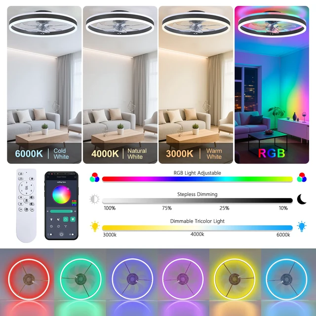 Alt view image 2 of 7 - RGB Ceiling Fans with Lights, 15.7" Low Profile LED Ceiling Fan Dimmable Flush Mount Ceiling Fan, Remote and APP Control, Bladeless Small Fandelier for Bedroom, Living Room, Kitchen