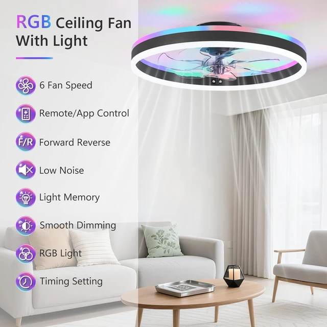 Alt view image 3 of 7 - RGB Ceiling Fans with Lights, 15.7" Low Profile LED Ceiling Fan Dimmable Flush Mount Ceiling Fan, Remote and APP Control, Bladeless Small Fandelier for Bedroom, Living Room, Kitchen