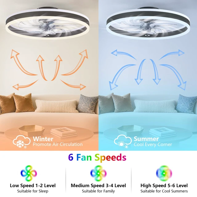 Alt view image 4 of 7 - RGB Ceiling Fans with Lights, 15.7" Low Profile LED Ceiling Fan Dimmable Flush Mount Ceiling Fan, Remote and APP Control, Bladeless Small Fandelier for Bedroom, Living Room, Kitchen
