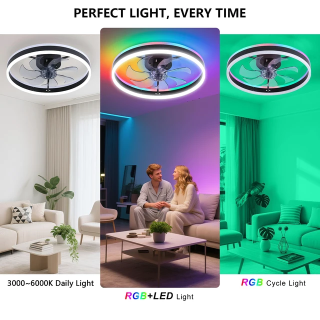 Alt view image 5 of 7 - RGB Ceiling Fans with Lights, 15.7" Low Profile LED Ceiling Fan Dimmable Flush Mount Ceiling Fan, Remote and APP Control, Bladeless Small Fandelier for Bedroom, Living Room, Kitchen