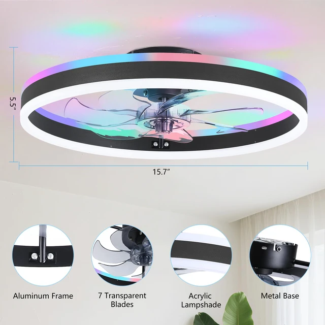Alt view image 6 of 7 - RGB Ceiling Fans with Lights, 15.7" Low Profile LED Ceiling Fan Dimmable Flush Mount Ceiling Fan, Remote and APP Control, Bladeless Small Fandelier for Bedroom, Living Room, Kitchen