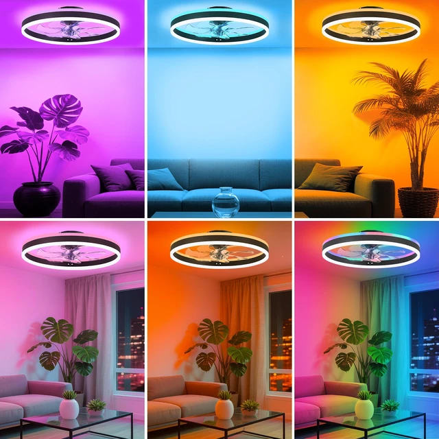 Alt view image 7 of 7 - RGB Ceiling Fans with Lights, 15.7" Low Profile LED Ceiling Fan Dimmable Flush Mount Ceiling Fan, Remote and APP Control, Bladeless Small Fandelier for Bedroom, Living Room, Kitchen
