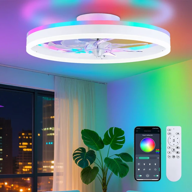 Main image of RGB Ceiling Fan with Light, 15.7" White Flush Mount Ceiling Fans Low Profile Bladeless Ceiling Fan, Remote and APP Control,Modern Small Fandelier for Bedroom, Living Room, Kitchen