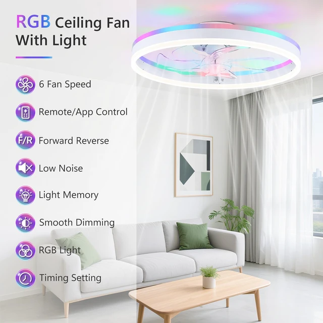 Alt view image 2 of 7 - RGB Ceiling Fan with Light, 15.7" White Flush Mount Ceiling Fans Low Profile Bladeless Ceiling Fan, Remote and APP Control,Modern Small Fandelier for Bedroom, Living Room, Kitchen