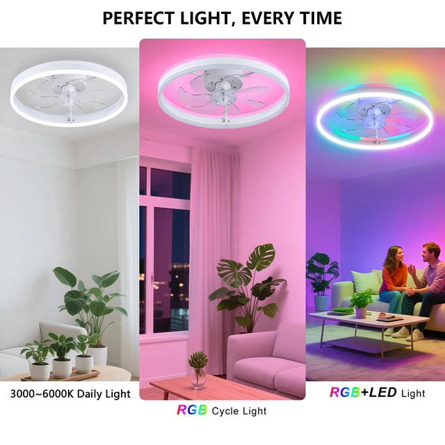 Alt view image 5 of 7 - RGB Ceiling Fan with Light, 15.7" White Flush Mount Ceiling Fans Low Profile Bladeless Ceiling Fan, Remote and APP Control,Modern Small Fandelier for Bedroom, Living Room, Kitchen
