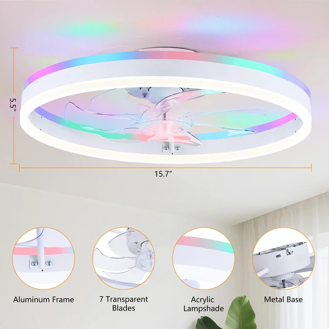 Alt view image 6 of 7 - RGB Ceiling Fan with Light, 15.7" White Flush Mount Ceiling Fans Low Profile Bladeless Ceiling Fan, Remote and APP Control,Modern Small Fandelier for Bedroom, Living Room, Kitchen