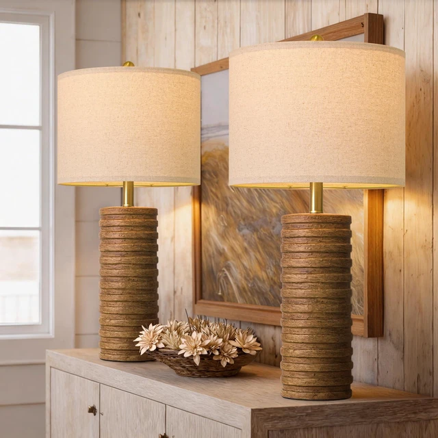 Main image of Farmhouse Table Lamps Set of 2 for Living Room, 27'' Tall Retro Ceramic Bedside Lamps with Linen Lampshade for Bedroom, Vintage Wood-Like Rustic Nightstand Lamp Office Sideboard Hallway (Brown)