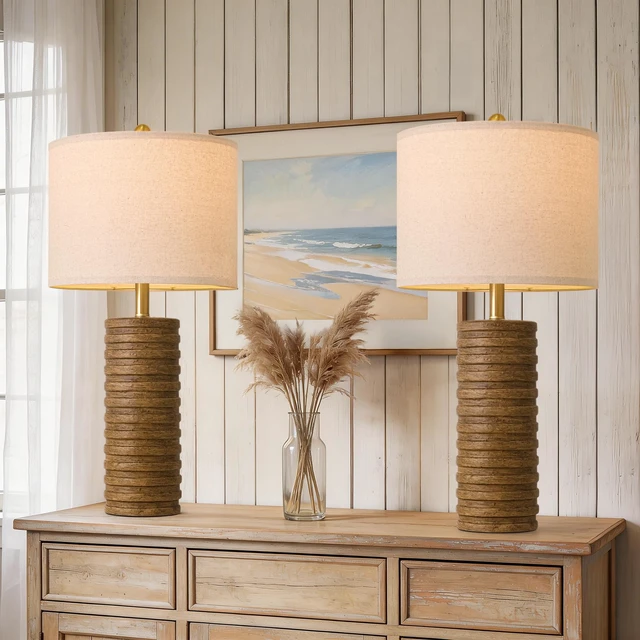 Alt view image 4 of 7 - Farmhouse Table Lamps Set of 2 for Living Room, 27'' Tall Retro Ceramic Bedside Lamps with Linen Lampshade for Bedroom, Vintage Wood-Like Rustic Nightstand Lamp Office Sideboard Hallway (Brown)