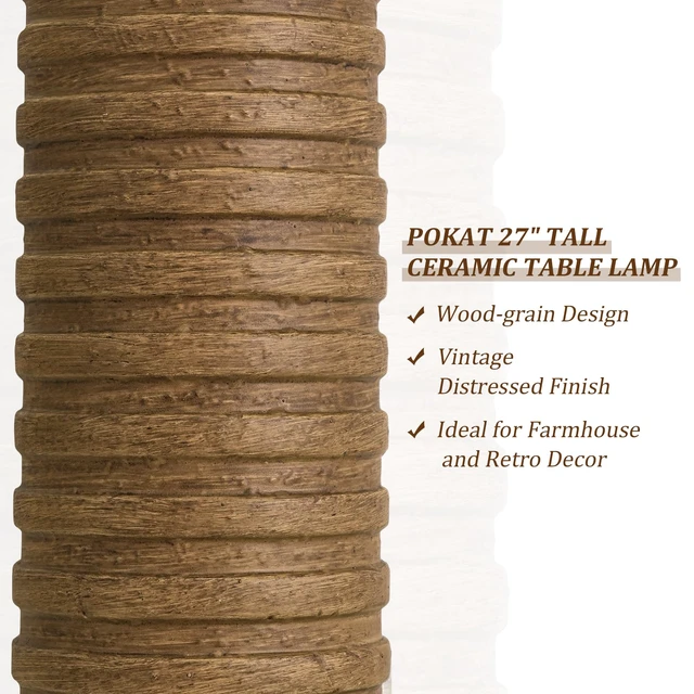 Alt view image 2 of 7 - Farmhouse Table Lamps Set of 2 for Living Room, 27'' Tall Retro Ceramic Bedside Lamps with Linen Lampshade for Bedroom, Vintage Wood-Like Rustic Nightstand Lamp Office Sideboard Hallway (Brown)