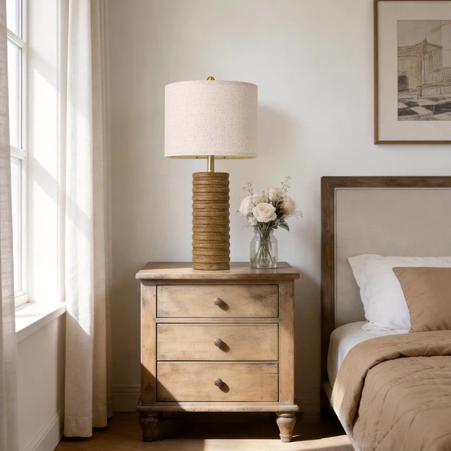 Alt view image 6 of 7 - Farmhouse Table Lamps Set of 2 for Living Room, 27'' Tall Retro Ceramic Bedside Lamps with Linen Lampshade for Bedroom, Vintage Wood-Like Rustic Nightstand Lamp Office Sideboard Hallway (Brown)