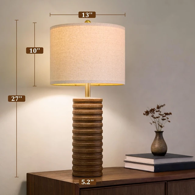 Alt view image 7 of 7 - Farmhouse Table Lamps Set of 2 for Living Room, 27'' Tall Retro Ceramic Bedside Lamps with Linen Lampshade for Bedroom, Vintage Wood-Like Rustic Nightstand Lamp Office Sideboard Hallway (Brown)