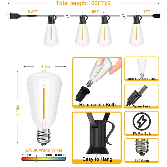 Alt view image 4 of 7 - 200 FT Outdoor String Lights LED, Waterproof for Outside Patio 104 Shatterproof ST38 Dimmable Bulbs, Hanging Lighting For Bistro Market Backyard, ETL Listed 2700K (100 FT *2)