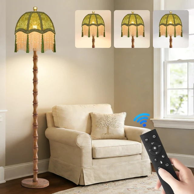 Main image of Wood Floor Lamps for Living Room Boho Rustic Floor Lamp with Remote Control,Dimmable Vintage Floor Lamp Green Mid Century Modern Standing Lamp Pole Tall Fringe Floor Lamp for Bedroom Corner