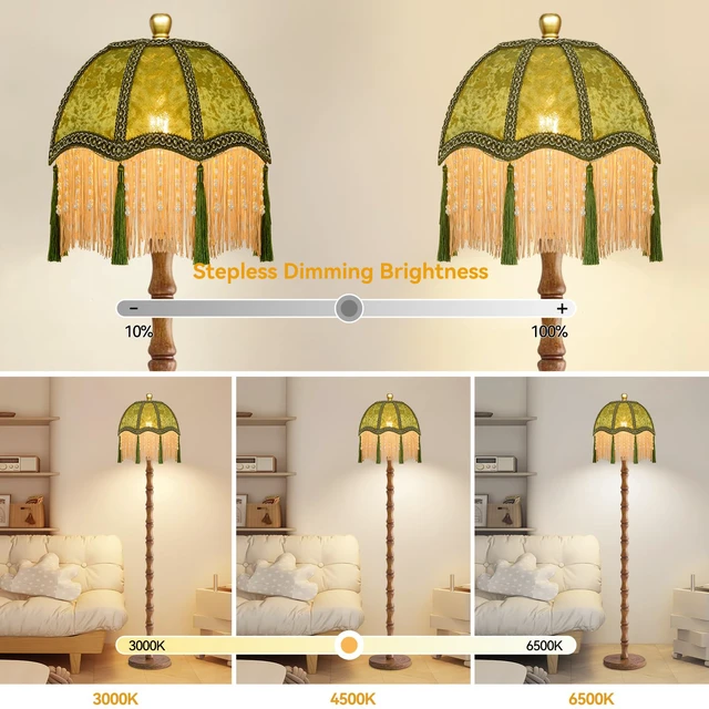 Alt view image 2 of 7 - Wood Floor Lamps for Living Room Boho Rustic Floor Lamp with Remote Control,Dimmable Vintage Floor Lamp Green Mid Century Modern Standing Lamp Pole Tall Fringe Floor Lamp for Bedroom Corner