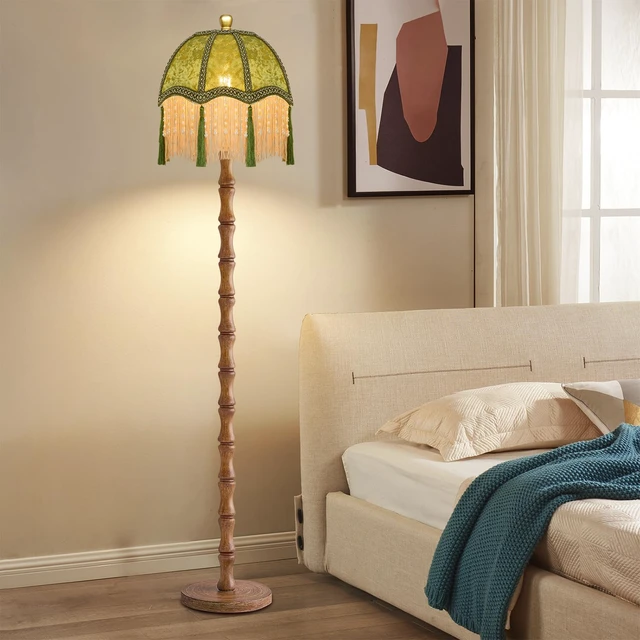 Alt view image 3 of 7 - Wood Floor Lamps for Living Room Boho Rustic Floor Lamp with Remote Control,Dimmable Vintage Floor Lamp Green Mid Century Modern Standing Lamp Pole Tall Fringe Floor Lamp for Bedroom Corner