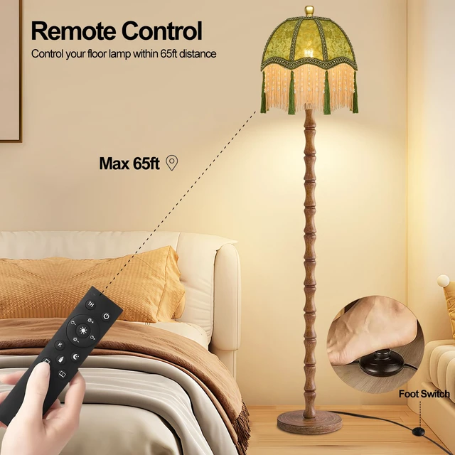 Alt view image 4 of 7 - Wood Floor Lamps for Living Room Boho Rustic Floor Lamp with Remote Control,Dimmable Vintage Floor Lamp Green Mid Century Modern Standing Lamp Pole Tall Fringe Floor Lamp for Bedroom Corner